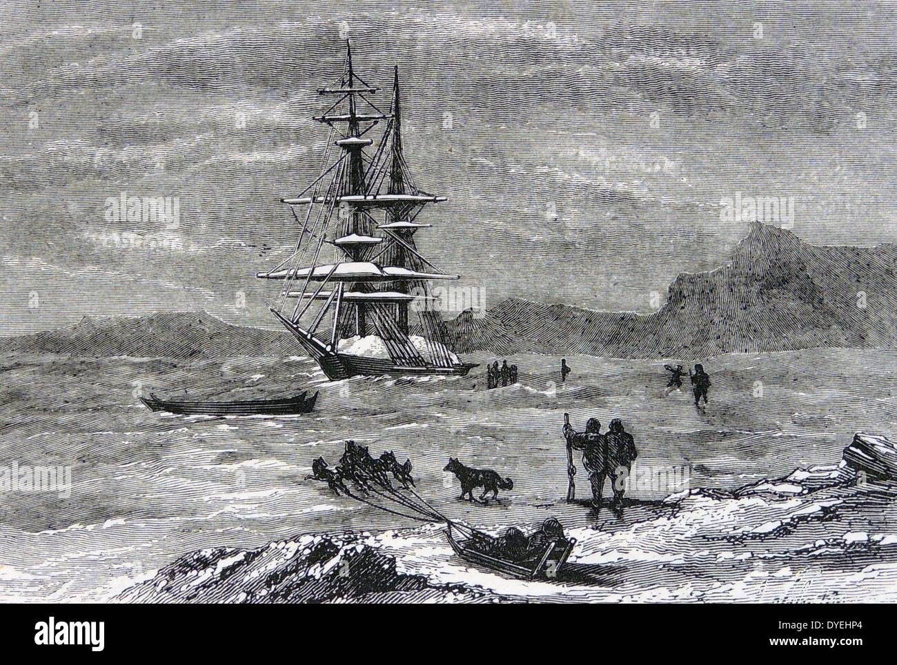 British Steam Yacht 'Fuchs', geboten von Francis McClintock, in Winter Quarters in der Arktis während des Franklin Suche Expedition 1857. Kupferstich, London, Stockfoto