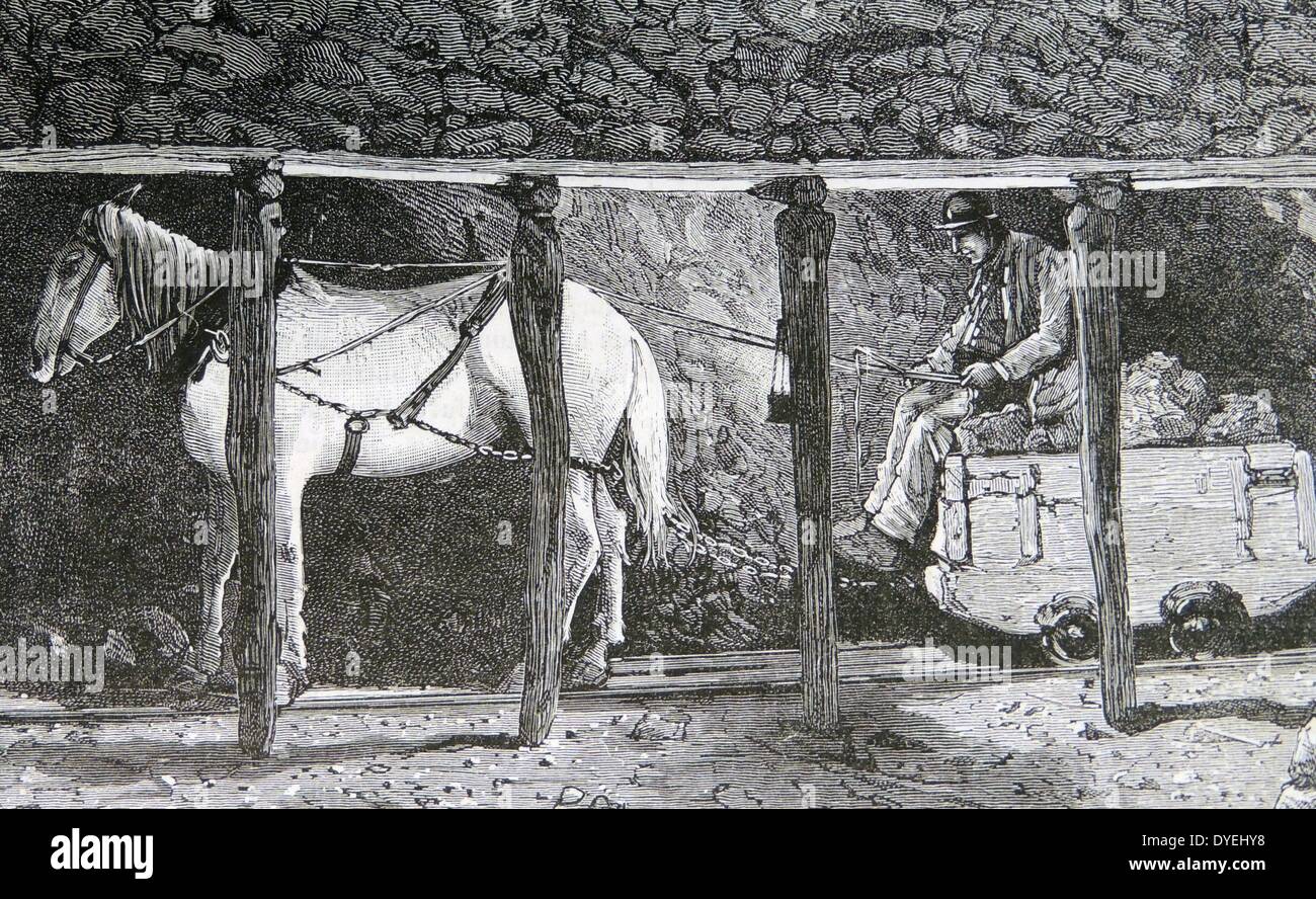 Pit pony Ziehen einer Kohle Wagen auf Schienen unterirdisch in einer Walisischen Coal Mine. Gravur, Paris, 1885. Stockfoto