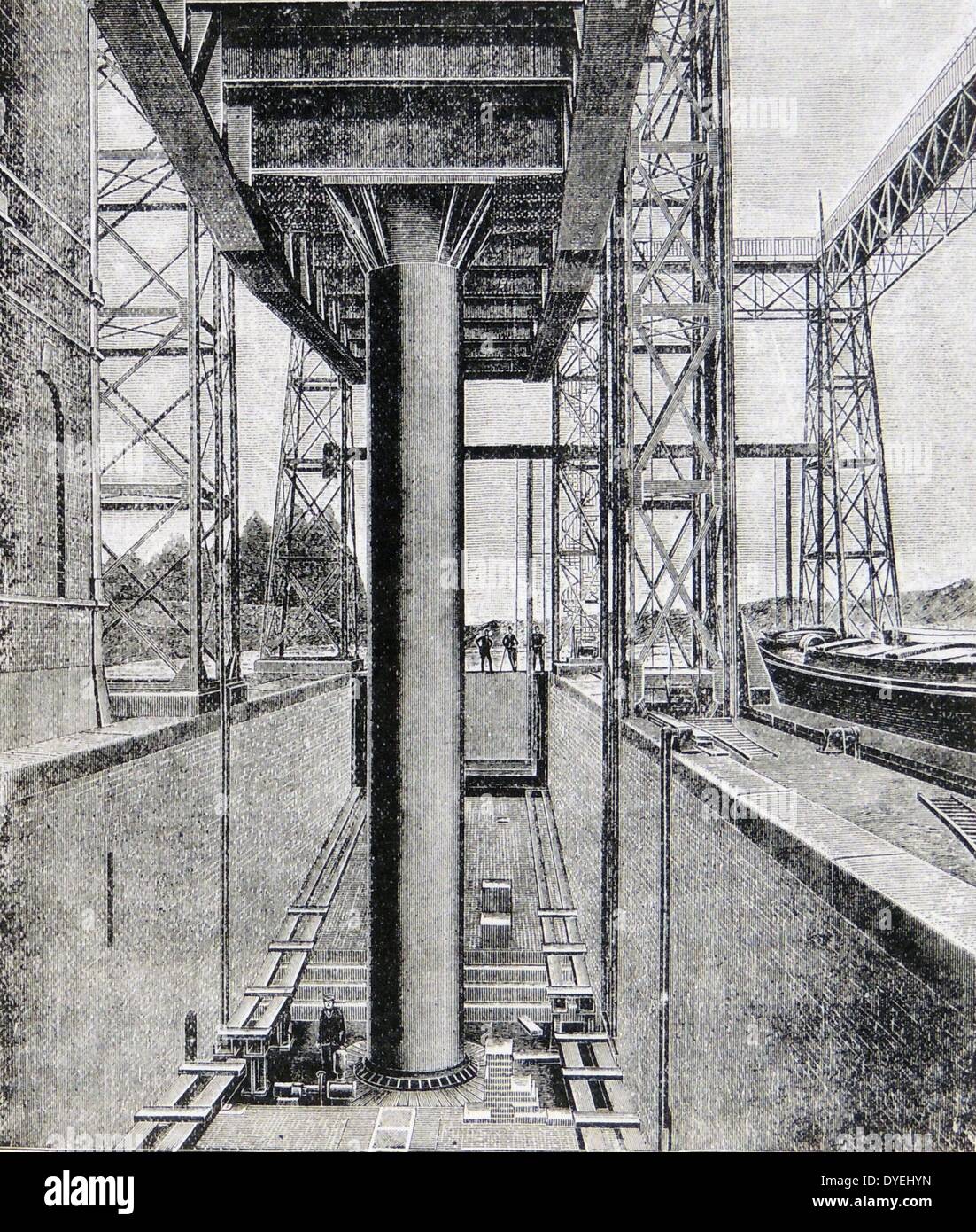 Hydraulikzylinder auf der La Louviere Canal Aufzug für die wassertröge mit lastkähnen von einer Ebene auf den Kanal zu einem anderen. Gravur, Zwiebel, 1895. Stockfoto