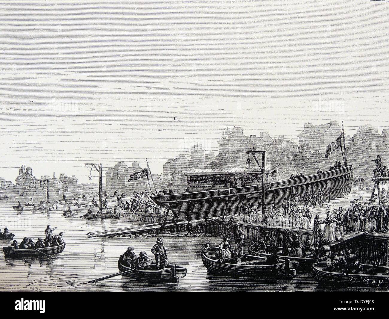 Künstlerische Darstellung der Einführung von Dampf schiff der Marquis de Jouffroy' Charles-Philippe' auf der Seine in Bercy, Frankreich, 20. August 1816. Gravur, Paris, c 1870 Stockfoto