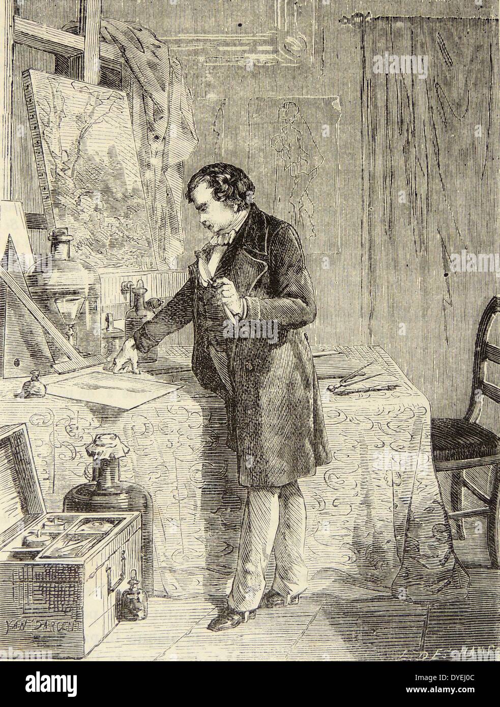 Künstlerische Darstellung von Louis Daguerre (1789-1851) Französischer Pionier der Fotografie, die Entdeckung der Lichtempfindlichkeit von Silber Jodid. Gravur, Paris, c 1870 Stockfoto