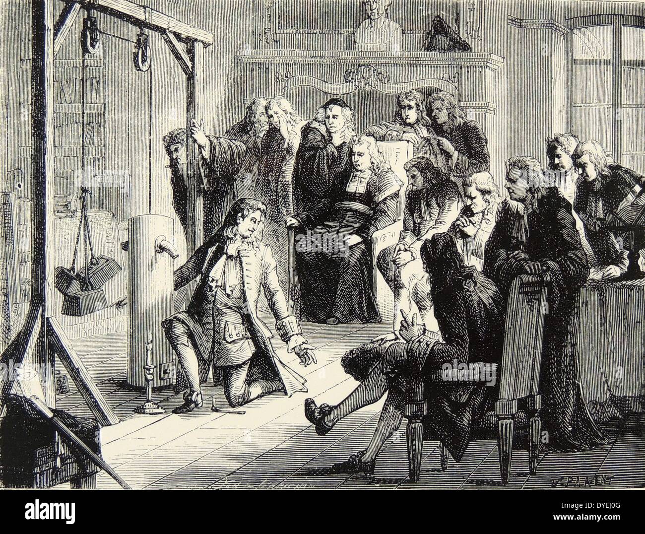 Künstlerische Darstellung der französische Physiker Denis Papin (1647 - c 1712) demonstriert seine Dampfmaschine in Marburg, c 1688. Gravur, Paris, c 1870. Stockfoto