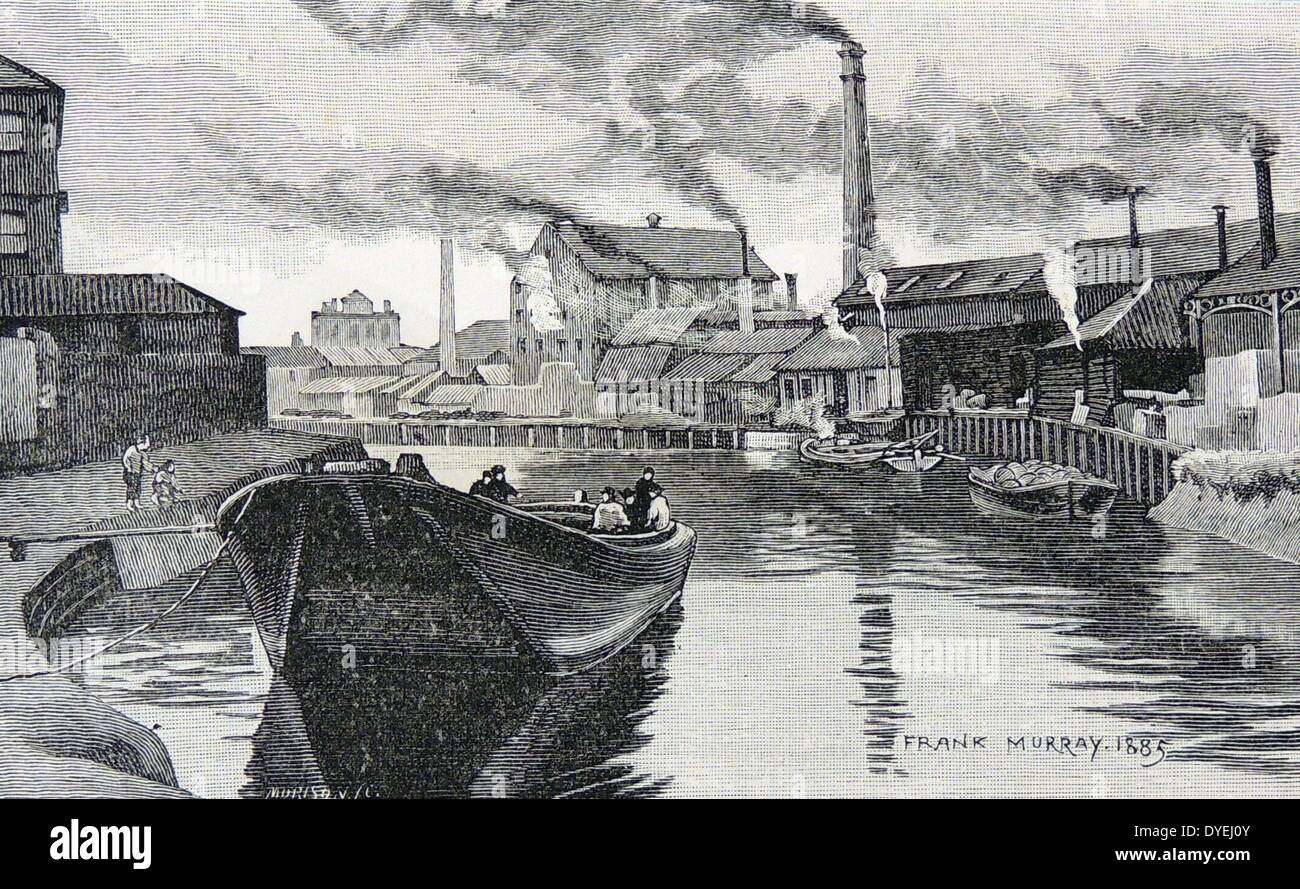 Lastkahn auf Lea Navigation NearBow Bridge, London, 1885. Stockfoto