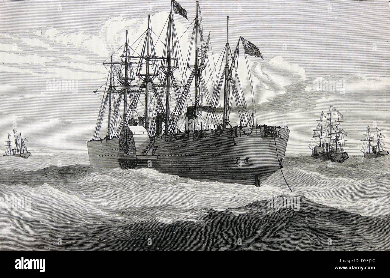 Die SS "Great Britain", I.K. Brunels großen Dampfer, Verlegung der Atlantic Telegraph Cablef1865-1866. Gravur, London, 1880. Stockfoto