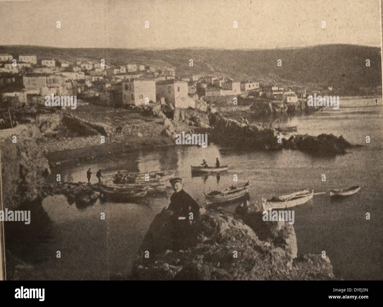 Weltkrieg 1 - Blick auf Sigri, auf der Westseite der Insel Mytilene, einer der Anlegestellen der französischen Flotte während der Blockade der Dardanellen. 1914. Stockfoto