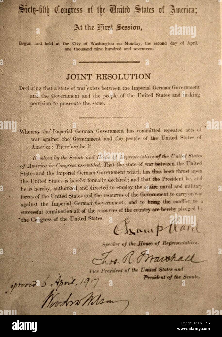 Weltkrieg 1 - Die gemeinsame Entschließung des US-Repräsentantenhaus und Senat, vom 6. April erklärt der Kriegszustand zwischen Deutschland und den Vereinigten Staaten. Stockfoto