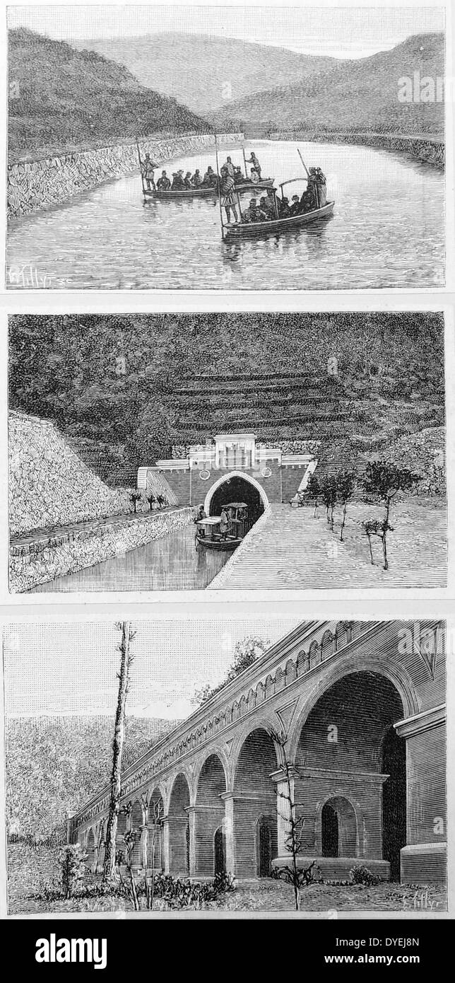 Kioto Canal, Japan. Leiter des Kanals am Biwa-See; Portal des Haupttunnels; Aquädukt. Kupferstich von '' La Nature'', Paris 1891. Stockfoto