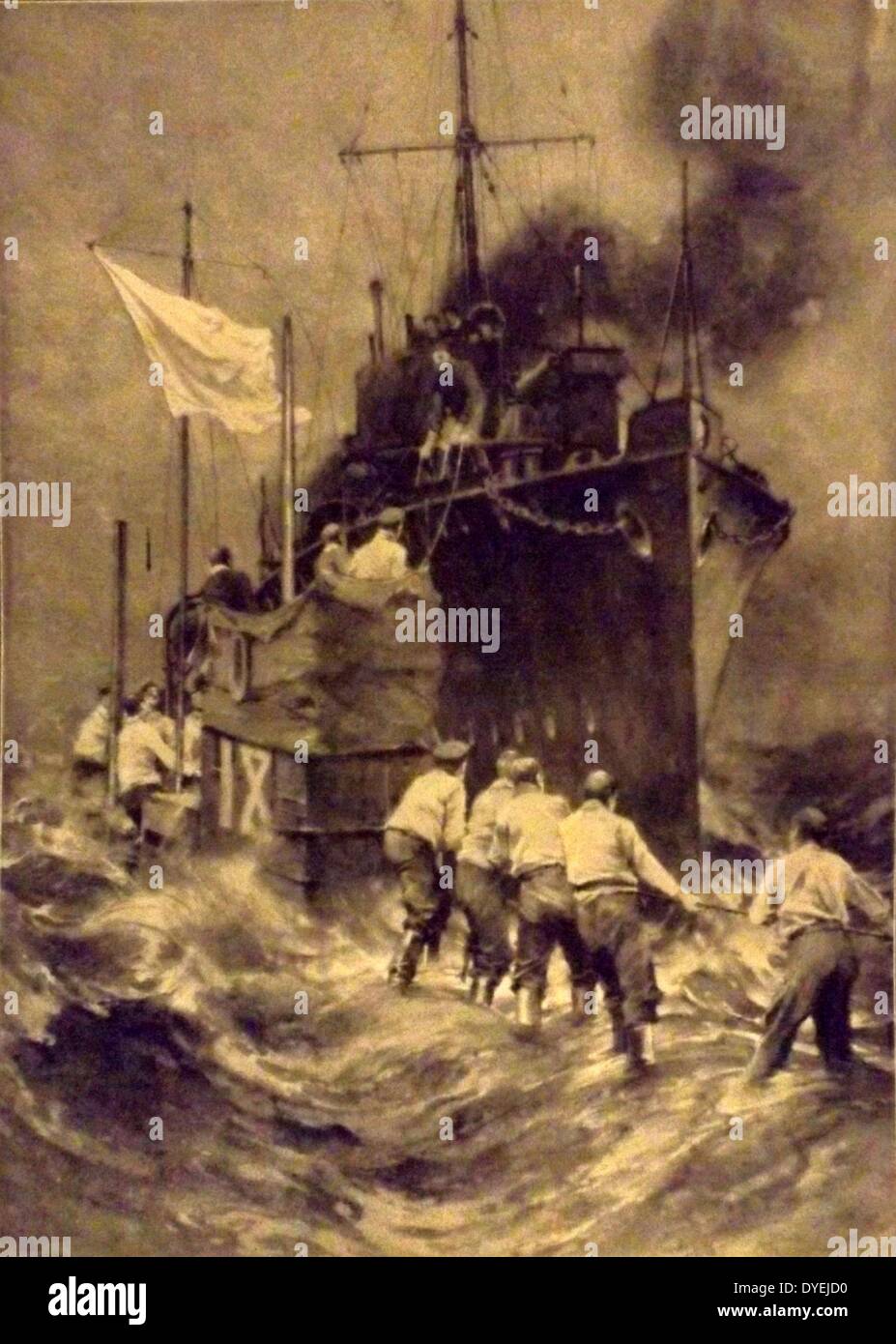 Der Erste Weltkrieg. 1914, Britische Truppen kommen die Besatzung eines deutschen U-Boot U-Boot aus beschädigt vor der schottischen Küste im November 1914 zu retten. Belgischen hafen von Antwerpen Stockfoto