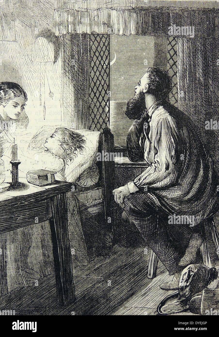 Eltern, die gerade durch ein krankes Kind nachts Patientenbett. Illustration von Charles Joseph Staniland, London, 1870. Stockfoto