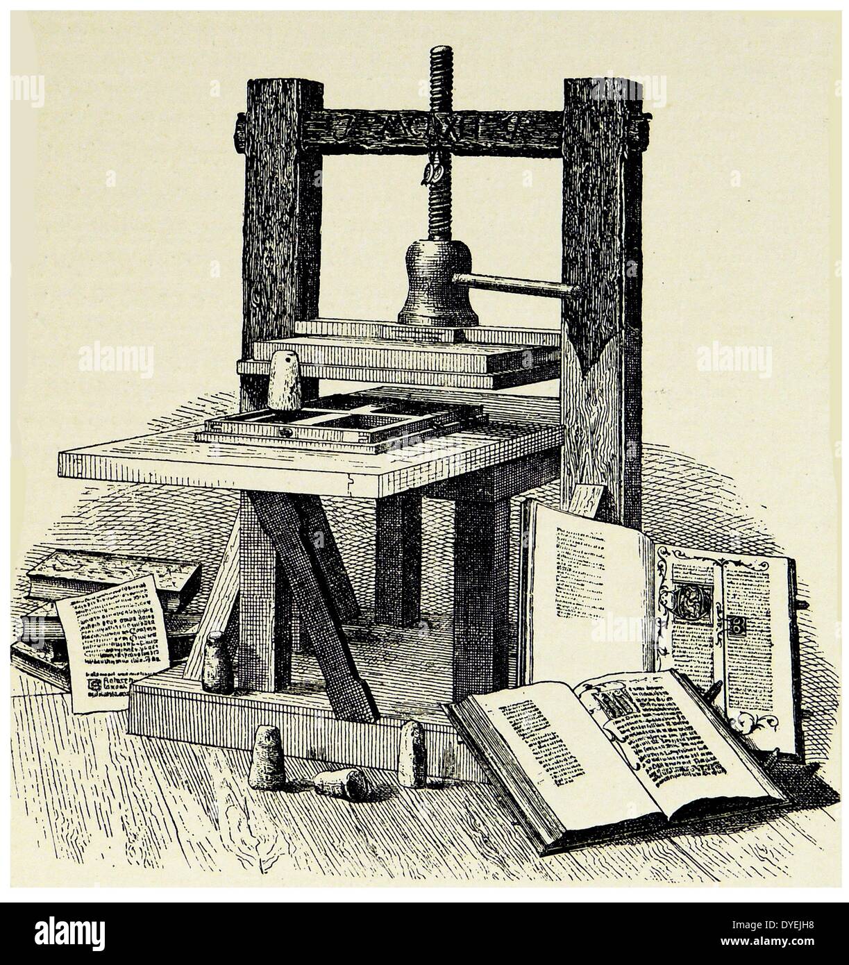 Gutenbergs (1400-1468) die erste Druckmaschine. Gravur veröffentlicht Mainz 1856. Stockfoto