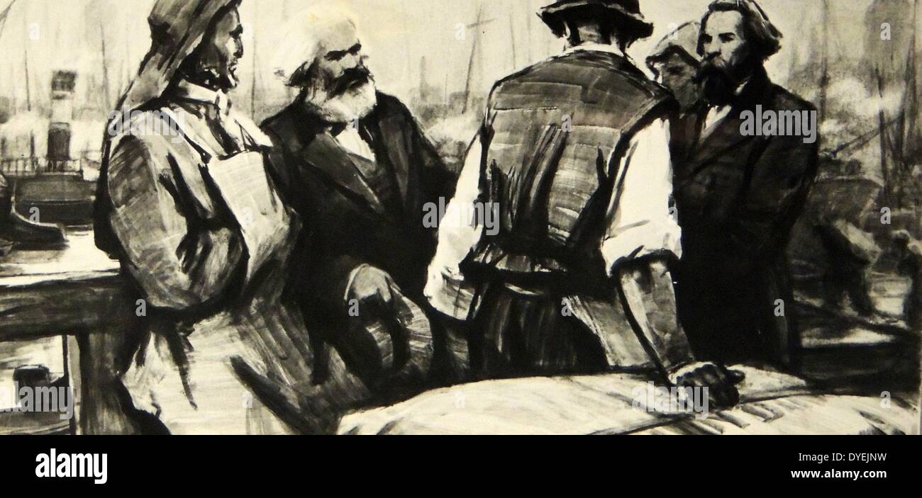 Friedrich Engels (rechts) 1820 - 5. August 1895 war ein deutscher Sozialwissenschaftler, Autor, politische Theoretiker mit Karl Marx (links) sprechen Sie mit Hafenarbeiter Stockfoto