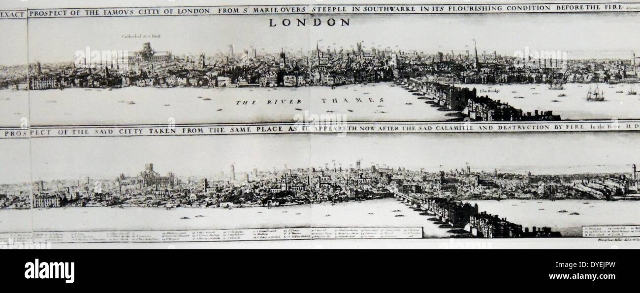 Blick auf London vor und nach dem großen Brand von 1666. Stockfoto