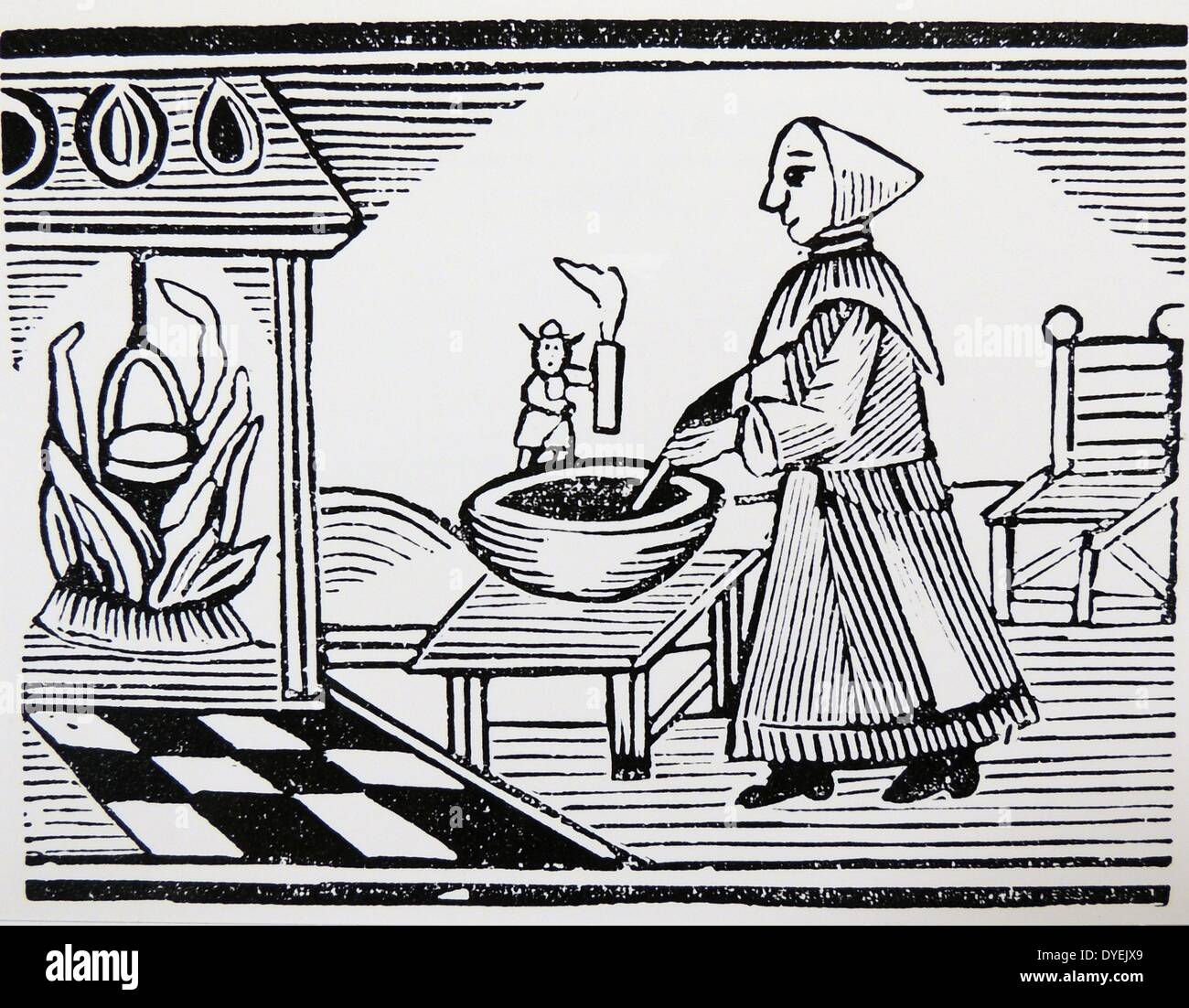 "Die berühmte Geschichte von Tom Thumb'' Tom hält eine Kerze, damit seine Mutter sehen kann, zu kochen. Späten achtzehnten Jahrhundert Holzschnitt. Stockfoto