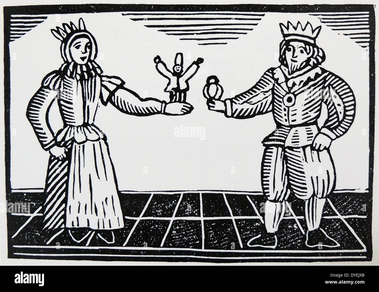 "Die berühmte Geschichte von Tom Thumb'' Tom Tänze auf die Hand der Königin und König Arthur gibt ihm ein Siegelring, er trägt als Gürtel. Späten achtzehnten Jahrhundert Holzschnitt. Stockfoto