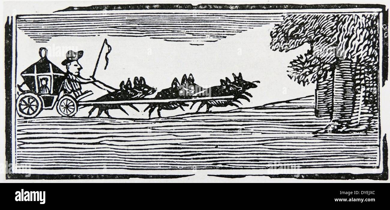 "Die berühmte Geschichte von Tom Thumb'' Tom in seiner Kutsche von Mäusen. Ende des 18. Jahrhunderts Holzschnitt. Stockfoto