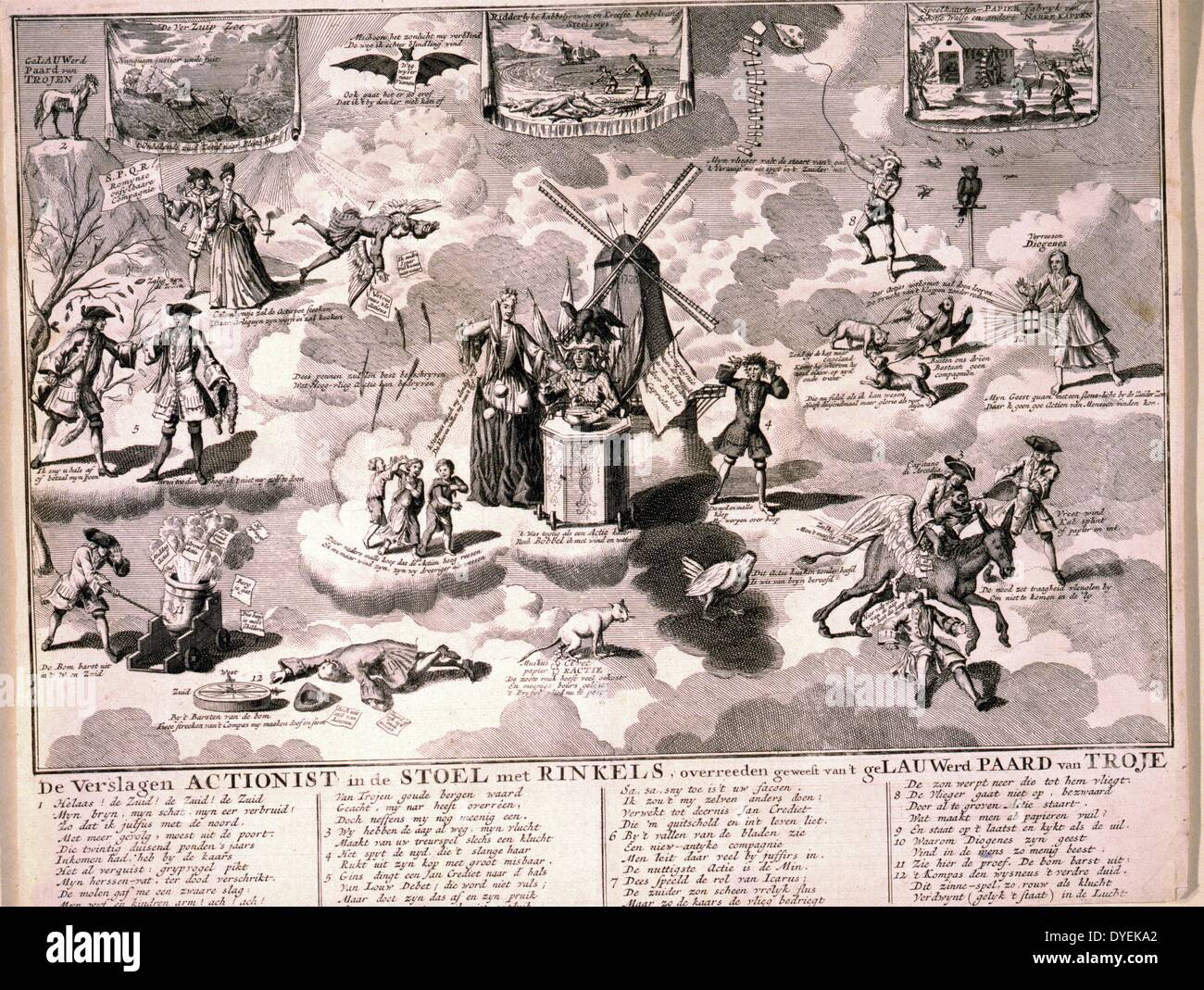 De verslagen Aktionistischen in de stoel met rinkels, overreeden geweest van't geLauwerd Paard van Troje, 1720. graviert Satire auf die South Sea Company und andere bubble Pläne von 1720 in einer Sammlung niederländischer Satiren auf dem Schema. Gravur. Stockfoto