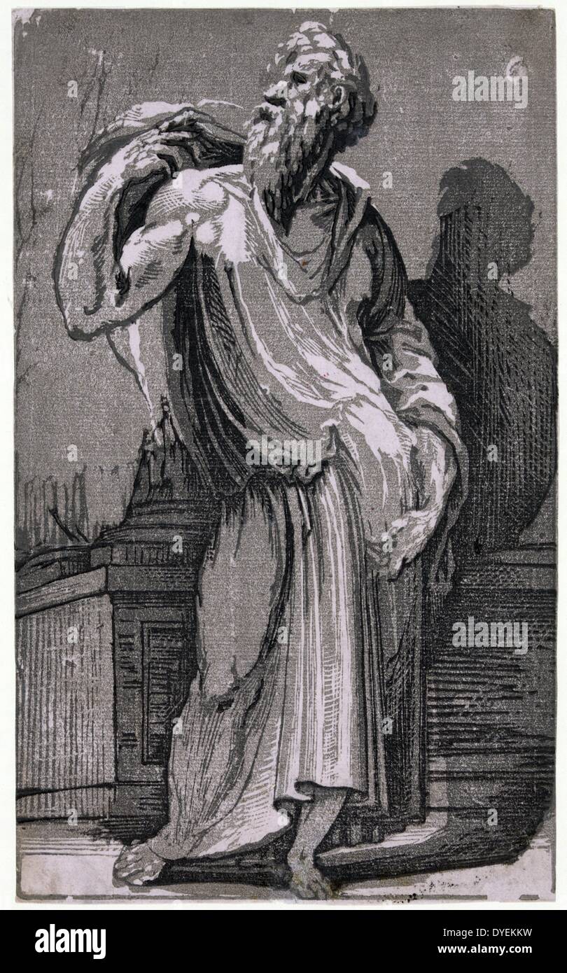 Ein Philosoph [Studie eines alten Mannes] von Domenico Beccafumi, 1486-1551, Künstler. [Zwischen 1500 und 1552]. Drucken zeigt ein bärtiger Mann, der mit seiner rechten Hand auf seine Schulter, nach links. Stockfoto