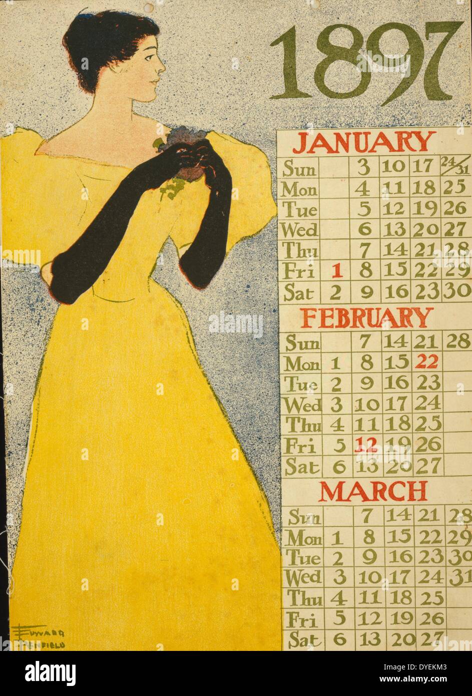 1897 Kalender für die Monate Januar, Februar und März von Edward Penfield, 1866-1925, Künstler. Veröffentlicht 1896. Poster, die erste Seite eines Kalender, zeigt Frau in Abendkleid mit Blumen. Stockfoto