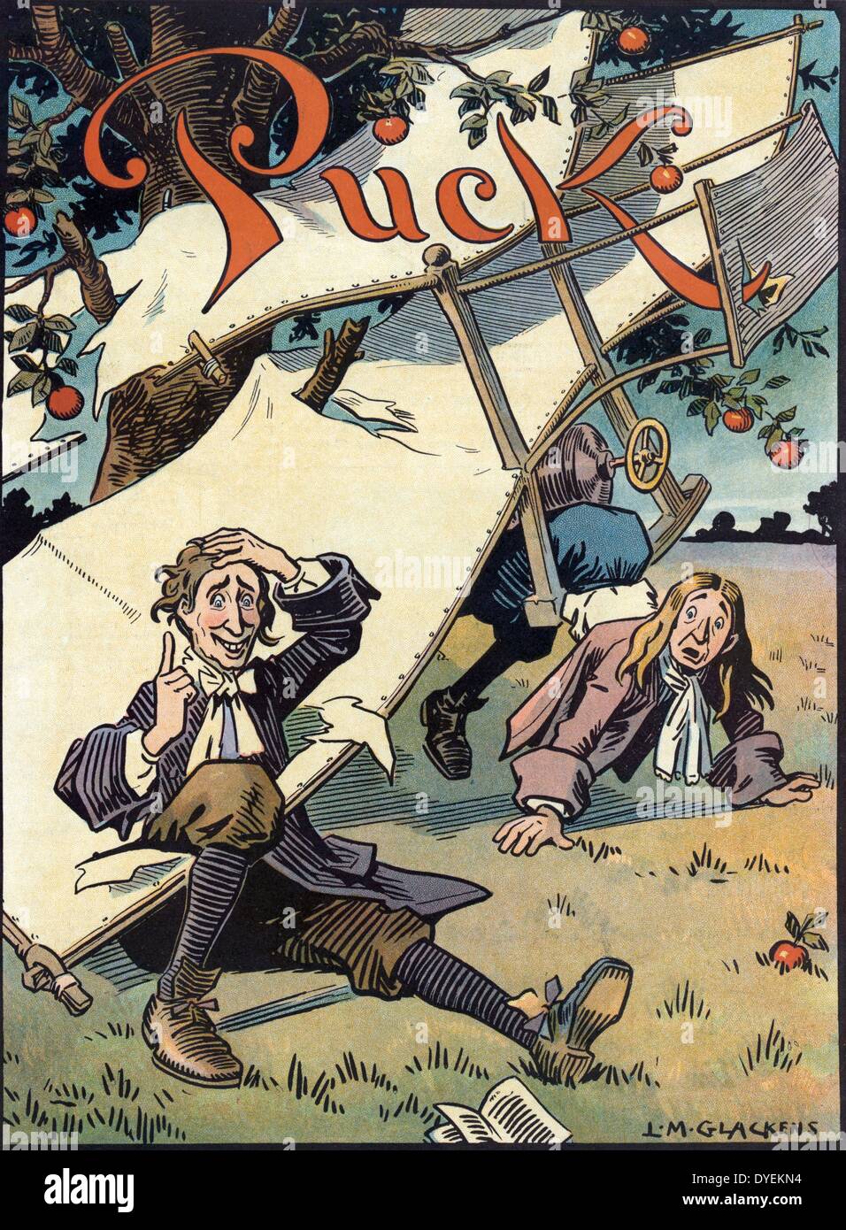 Die Entdeckung des Gesetzes der Schwerkraft von Louis Glackens, 1866-1933, Künstler in der Puck zum 5. Oktober 1910 veröffentlicht. Abbildung zeigt ein Flugzeug Wright Brüder in einen Baum mit Sir Isaac Newton und einen anderen Mann in dem Wrack auf den Boden. Stockfoto