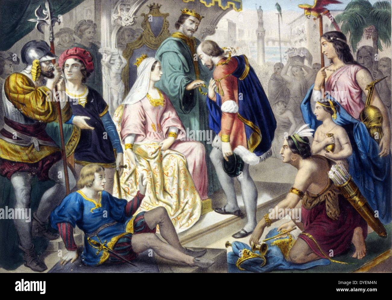 Christopher Columbus wird von König Ferdinand und Königin Isabella nach seiner Rückkehr nach Spanien begrüßt. Im Jahr 1493 erschienen ca. 1875. Stockfoto