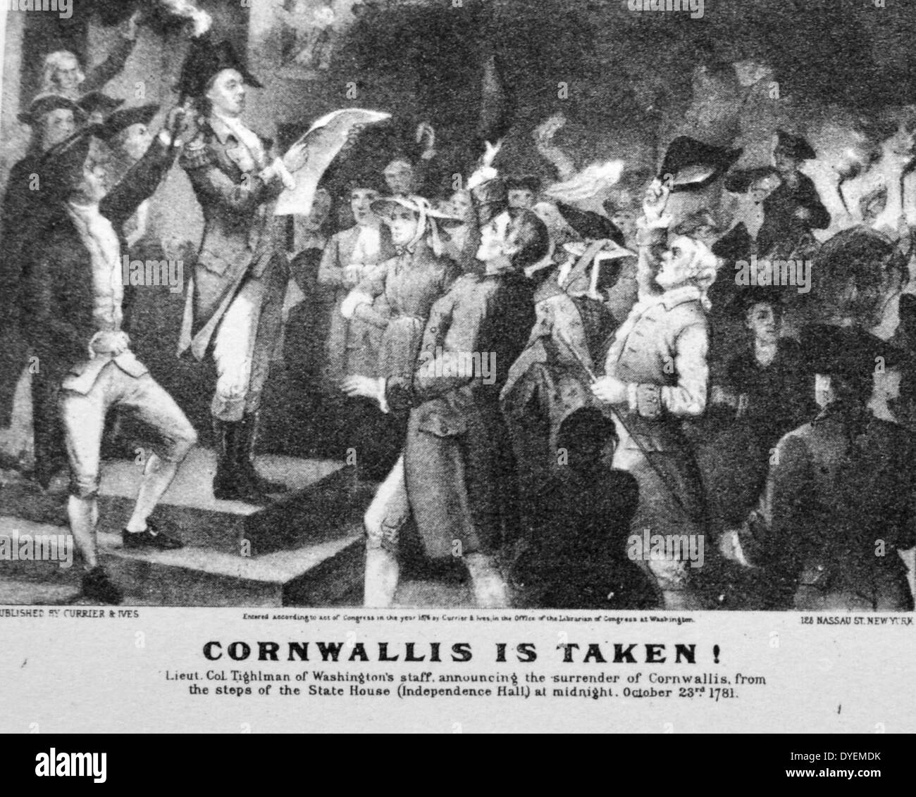 Currier & Ives Abbildung 19. Cornwallis wird genommen. Charles Cornwallis, (Dezember 31, 1738 - Oktober 5, 1805), britischer Offizier in der Armee und Kolonialverwaltung. Als einer der führenden britischen Generäle im Amerikanischen Unabhängigkeitskrieg erinnert. Seine Kapitulation im Jahre 1781 zu einer kombinierten Amerikanische und französische Kraft an der Belagerung von Yorktown beendet erhebliche Auseinandersetzungen in Nordamerika. Stockfoto