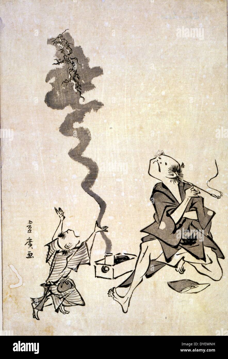 Tobae mitate ryugen sennin. Übersetzung: Toba-e Korrespondenz einer Chinesischen sage. Von Utagawa 1773?-1829?, japanischer Künstler. Veröffentlicht: [zwischen 1804 und 1818. drucken: Holzschnitt, das einen Mann zeigt das Rauchen einer Zigarette in einem langen Halter, und ein Drache aufsteigend in einer Wolke von Rauch aus einer Box auf dem Boden neben ihm; ein Kind (?) Gesten gegenüber den Drachen. . Stockfoto