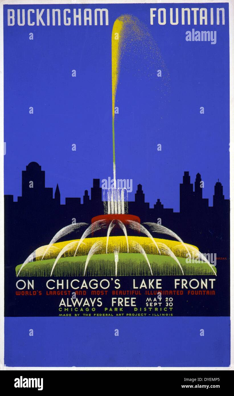 Buckingham Fountain auf Chicagos Seeufer, der weltweit grössten und schönsten beleuchteten Springbrunnen. Poster von John Buczak. Durch die Federal Art Project, 1939 veröffentlicht. Poster mit Brunnen und die Skyline von Chicago. Stockfoto