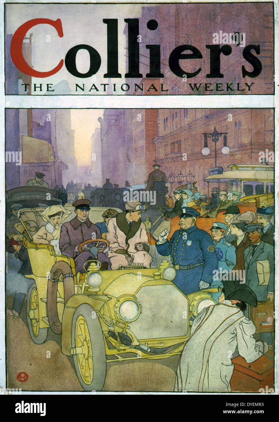 Automobil in belebten Straße. Aquarell von Edward Penfield, 1866-1925, Künstler, 1907. Stockfoto