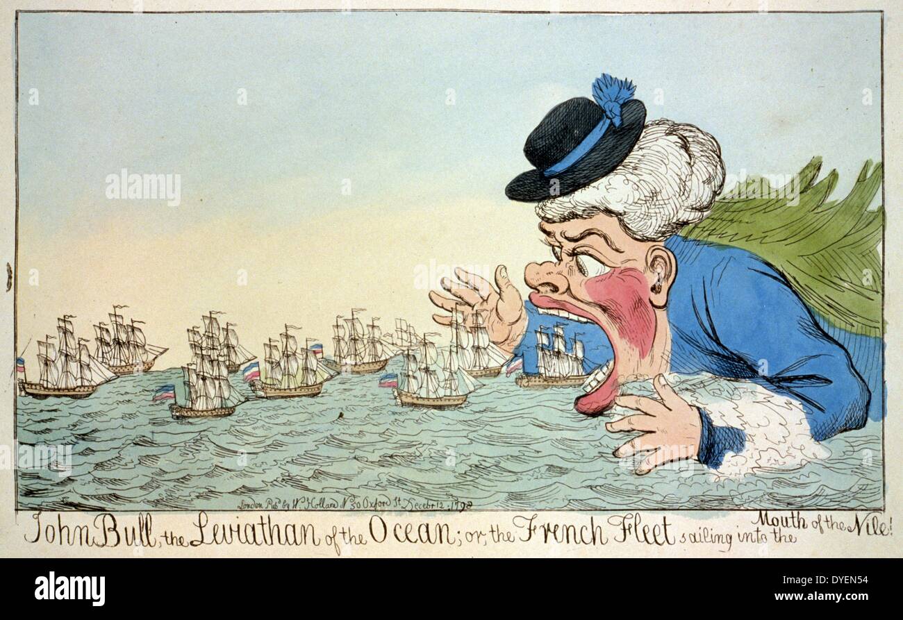 John Bull, der Leviathan des Ozeans; oder die französische Flotte Segeln in der Mündung des Nil! 1798. ätzen, mit Aquarell. Cartoon zeigt John Bull Essen französische Segelschiffe; eine Satire auf die französische Niederlage während des Krieges von der Zweiten Koalition, bezieht sich möglicherweise auf die Schlacht am Nil. Stockfoto