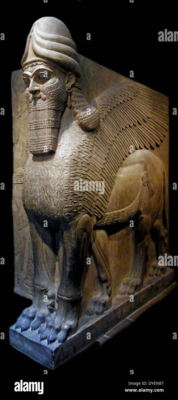 Menschliche - vorangegangen geflügelte Löwe (lamassu), 883-859 v. Chr. Neo-assyrischer Zeit, Herrschaft von ASSURNASIRPAL II. Bei Nimrud (antike Kalhu), nördlichen Mesopotamien ausgegraben Stockfoto