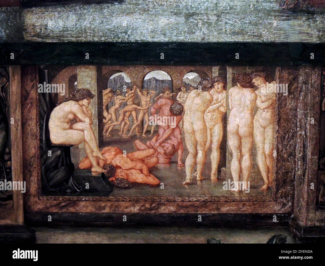 Die Geschichte von Troy, Links unvollendet, von Edward Burne-Jones, (geboren 1833, gestorben 1898) im Jahre 1889. Öl auf Leinwand. Dieses Design für eine dreidimensionale Arbeiten die Kombination von Architektur, Malerei und Skulptur wurde nie vollendet. Das Thema ist aus der Ilias von Homer, beschreibt den Krieg zwischen Griechen und Trojanern, verursacht durch die Entführung des spartanischen Königin, Helen, von dem Trojaner Prinz, Paris. Birmingham Museum. Stockfoto