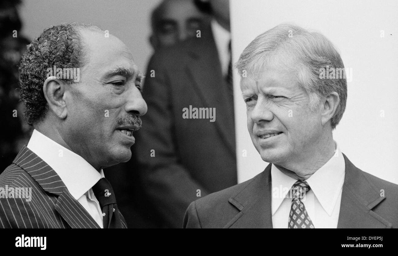 Anwar El Sadat und Jimmy Carter im Weißen Haus, der 1979 Ägypten – Israel Friedensvertrag zu unterzeichnen Stockfoto