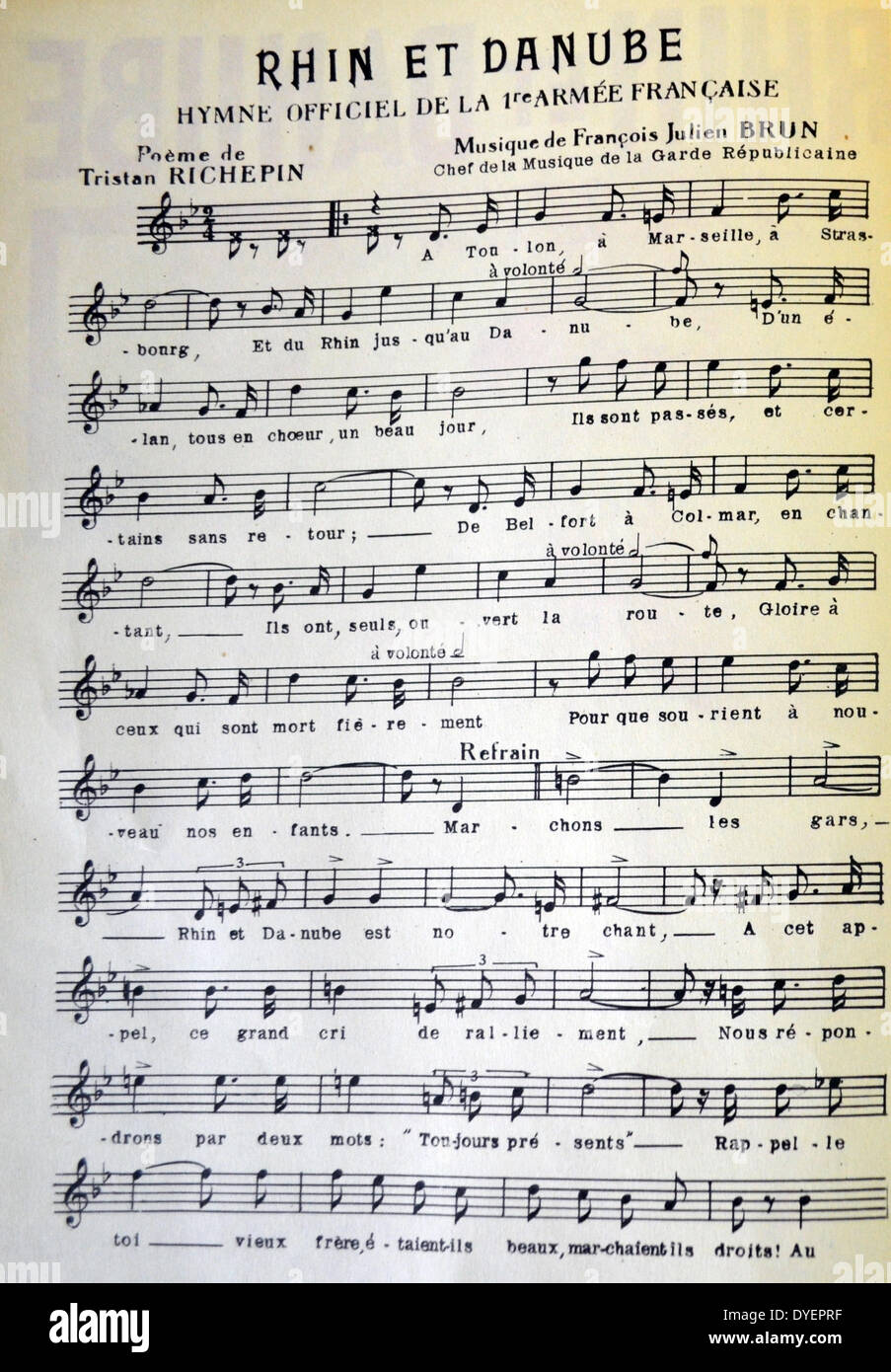 Patriotisches Lied Musik-Score als offizielle Hymne der freien französischen Armee in Elsass-Lothringen zu handeln. Zweiter Weltkrieg. 1943 Stockfoto
