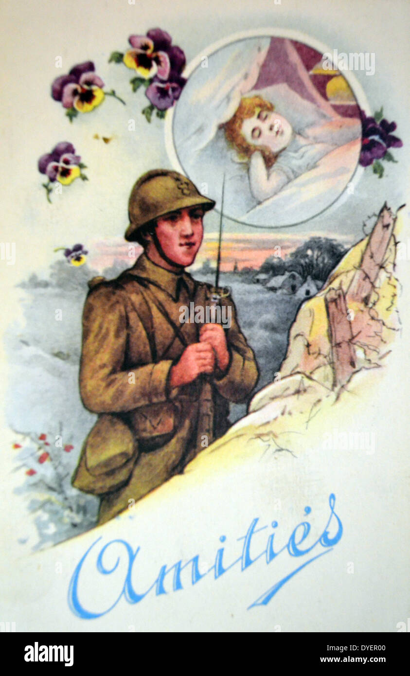 Französische Zweiter Weltkrieg Postkarte zeigt einen Soldaten, Flugzeuge, Artillerie, ein Tank und ein Schiff. Träumen Sie von seiner Liebe 1940 Stockfoto