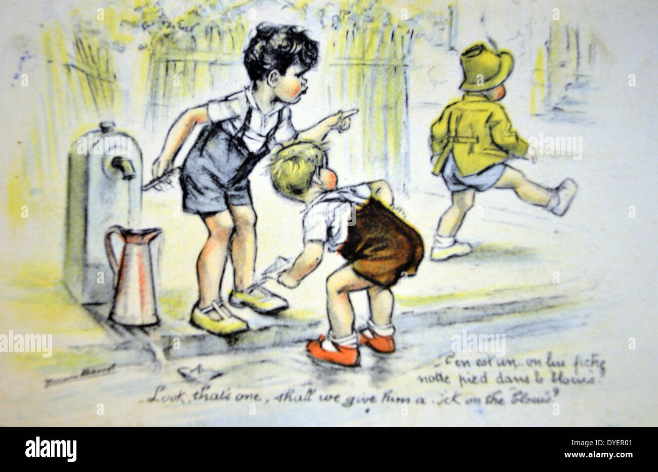 Französisch den Zweiten Weltkrieg eine britische und französische Junge als Verbündete Postkarte und zeigte auf einen deutschen Jungen mit Verachtung. Die Karte wurde in Vichy Frankreich 1940 veröffentlicht. Stockfoto