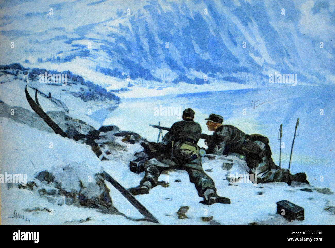 Deutsche Welt Krieg Zwei Postkarte zeigt die Vorauszahlung der Truppen der Deutschen Armee vor der norwegischen Stadt Narvik. 1940, Adolf Hitler die Invasion von Norwegen bestellt, codenamed Operation Weserübung Stockfoto