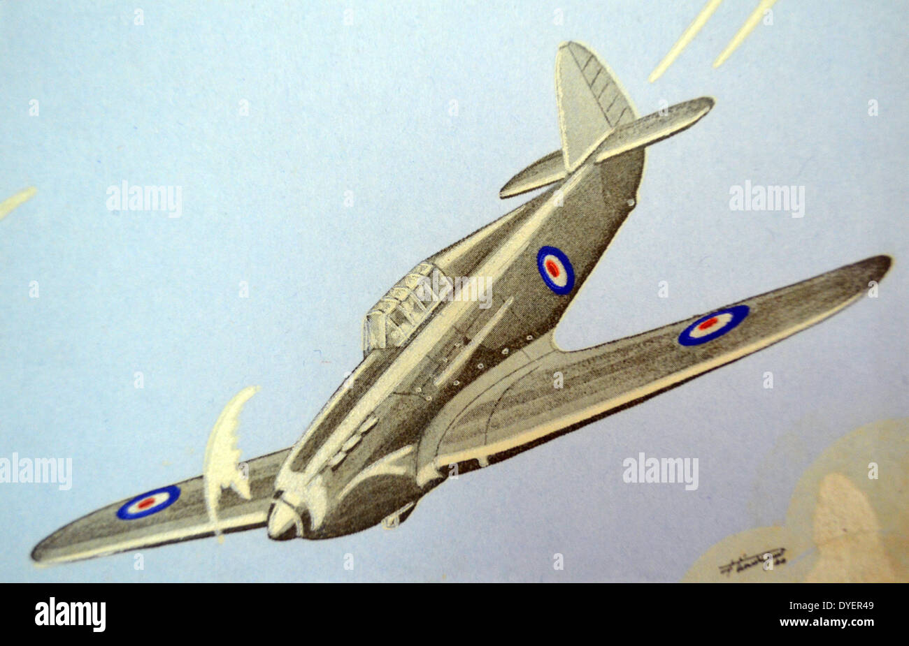 Zweiten Weltkrieg: Der französische Postkarte zeigt eine britische RAF Hawker Hurricane Flugzeuge. Während der 11 Tage der Kämpfe in Frankreich und über dünkirchen am 10. - 21. Mai 1940, Hurrikan Piloten behauptete 499 Tötungen und 123 wahrscheinlich. Zeitgenössische deutsche Rekorde, geprüft nach dem Krieg, Attribut 299 Flugzeuge Luftwaffe zerstört und 65, die von der RAF-Kämpfer beschädigt.[37] Wenn die letzten Hurrikane links Frankreich, am 21. Juni, der 452 Hawker Kämpfer während der Blitzkrieg, nur 66 zurück zu Großbritannien [38] mit 178 an der Flugplätze von Merville, Abbeville, Lille/Seclin und anderen Basen.[36] Aufgegeben kam Stockfoto