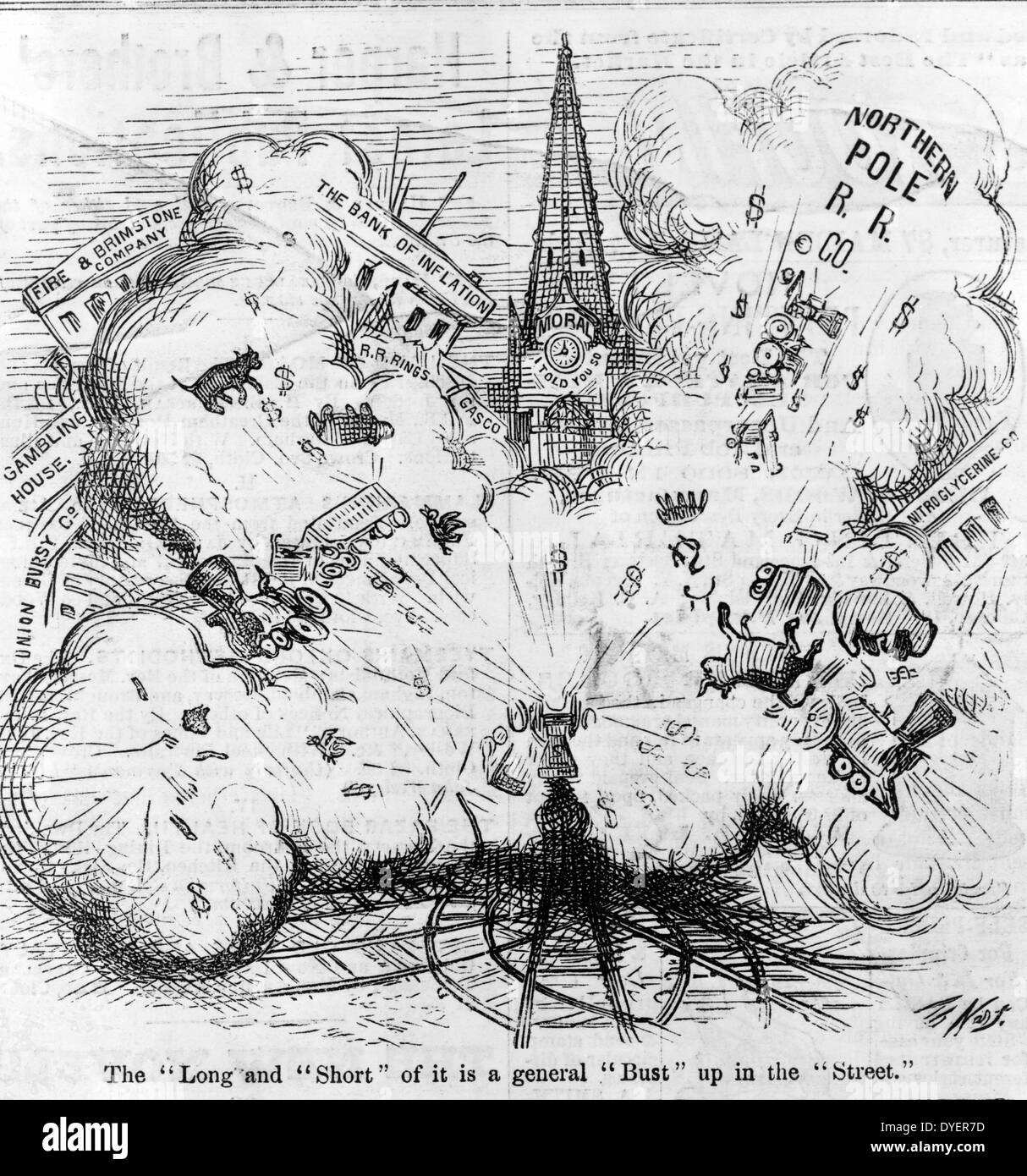 Die 'langen und 'short' ist eine allgemeine "Büste" bis in die 'Straße' / von Thomas Nast, 1840-1902, Künstler. Veröffentlicht: 18730101. Explosion in die Luft jagen nördlichen Pol R.R. Co., die Bank von Inflation, Feuer und Schwefel Unternehmen usw. Stockfoto