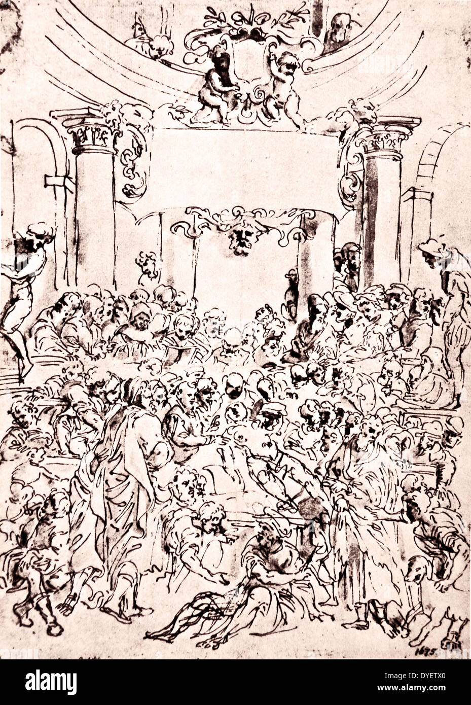 Die Platten aus dem Inbegriff der De Humani Corporis Fabrica von Andreas Vesalius (1514-1564) der frühen Entwurf für die Titelseite der ersten Ausgabe von "De Humani Corporis Fabrica" 1543. Stockfoto