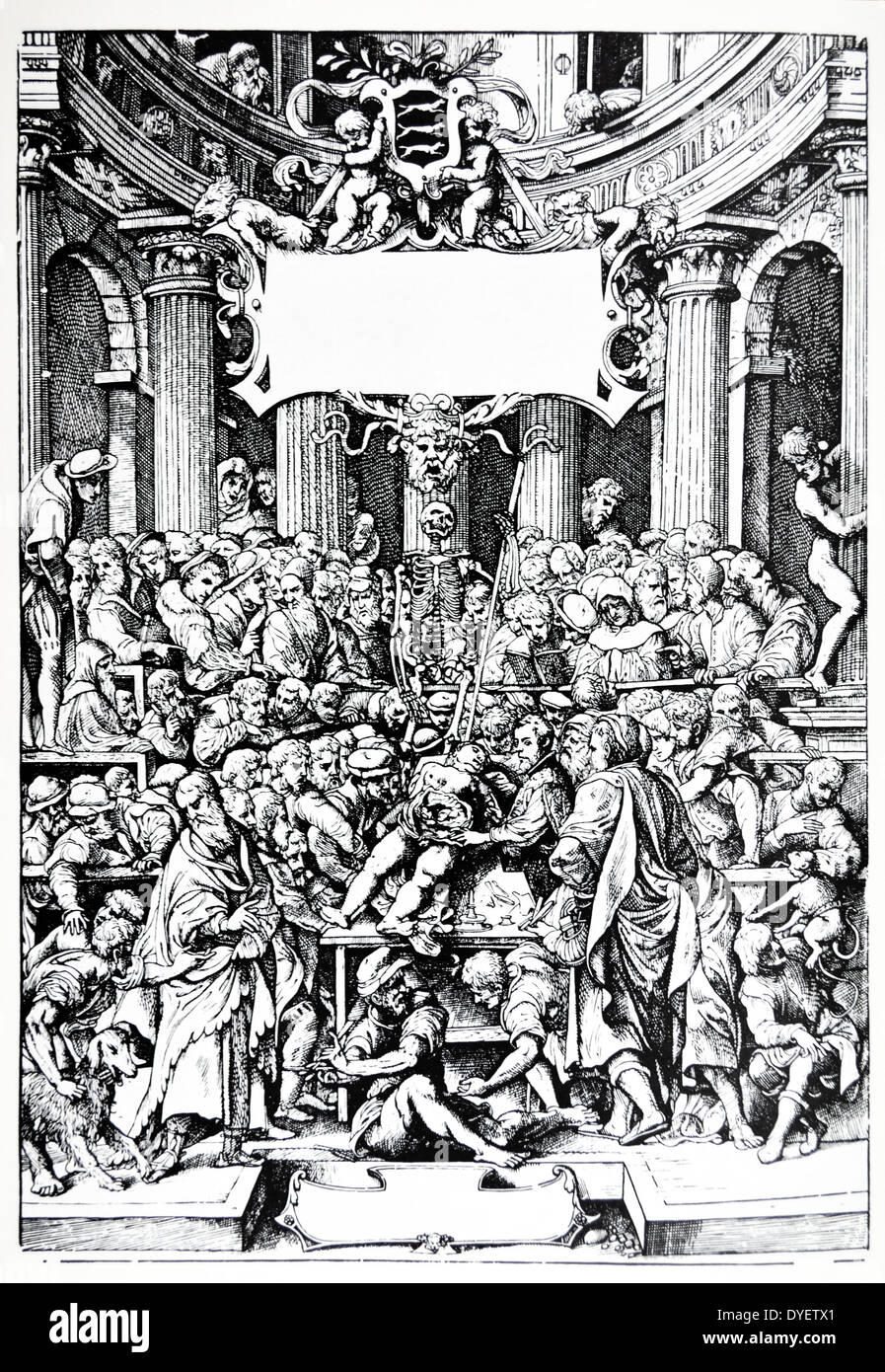 Die Platten aus dem Inbegriff der De Humani Corporis Fabrica von Andreas Vesalius (1514-1564) der frühen Entwurf für die Titelseite der ersten Ausgabe von "De Humani Corporis Fabrica" 1543. Stockfoto
