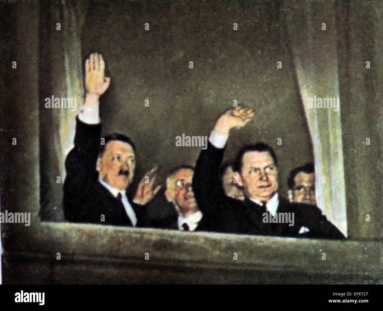 Herman Goring rechts und links Adolf Hitler Welle zu Anhänger aus einem Fenster im Büro des Reichs Kanzler nachdem Hitler 1933 Deutscher Reichskanzler ernannt wurde. Rudolf Hess später Hitlers Stellvertreter ist ganz rechts dargestellt. Stockfoto