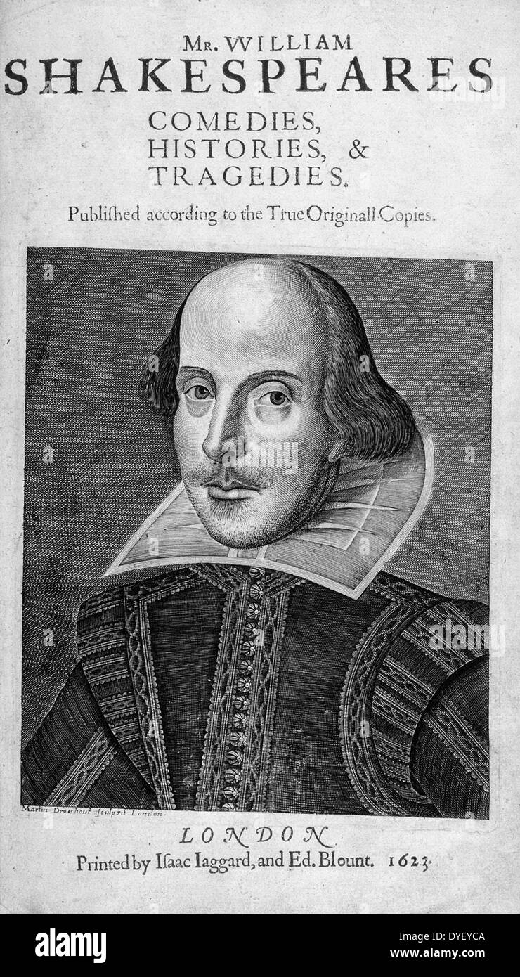 Titel Seite William Shakespeare's First Folio 1623 Cover Künstler Martin Droeshout Stockfoto