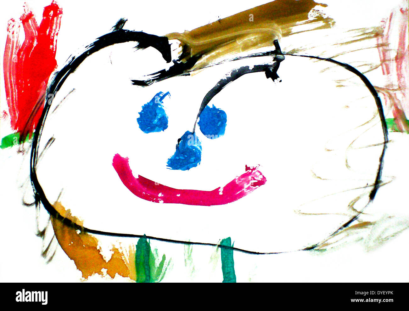 Kind Kunst Bild eines Menschen von einem Mädchen im Alter von vier Jahren und einem Monat. Die Arme und Beine aus dem Kopf. Dies ist als die Kopffüßer-Stadium in der Entwicklung der Kind Bilder bekannt. Stockfoto