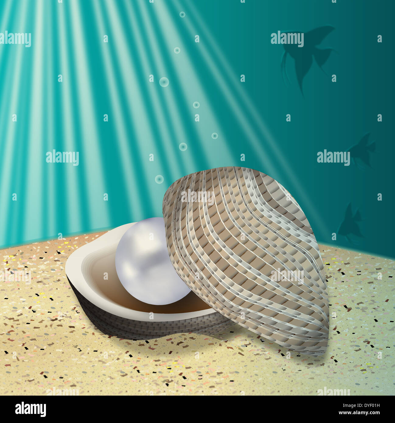 Kleine Muschel mit einer Perle auf dem Meeresgrund Stockfoto