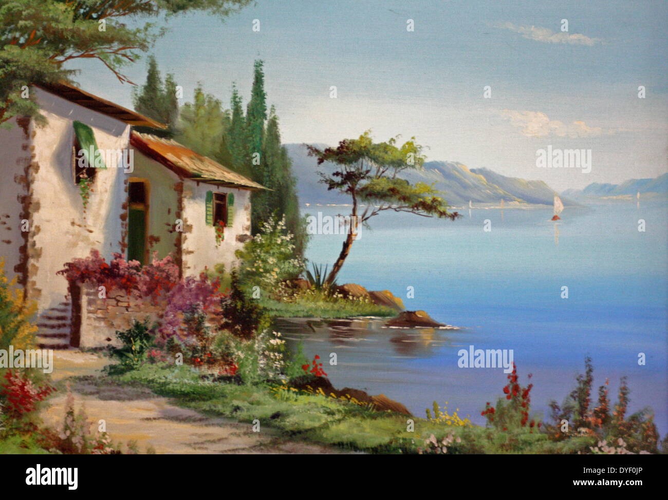 Haus am Gardasee, Italien von Bonelli. Öl auf Leinwand, ca. 1950  Stockfotografie - Alamy