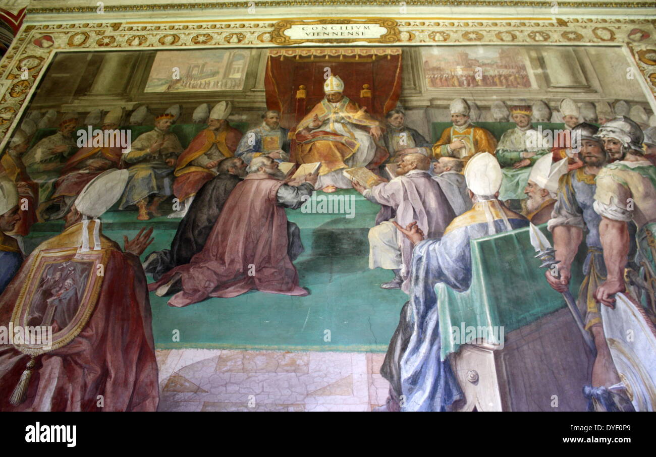 Die Vatikanischen Museen, eine riesige Sammlung der klassischen Detail, Renaissance Meisterwerke etc., die im frühen 16. Jahrhundert von Papst Julius II. gegründet werden Sie als, einige der größten Museen der Welt. Dieses Bild zeigt einen Teil der wunderschön bemalten Wänden. Stockfoto