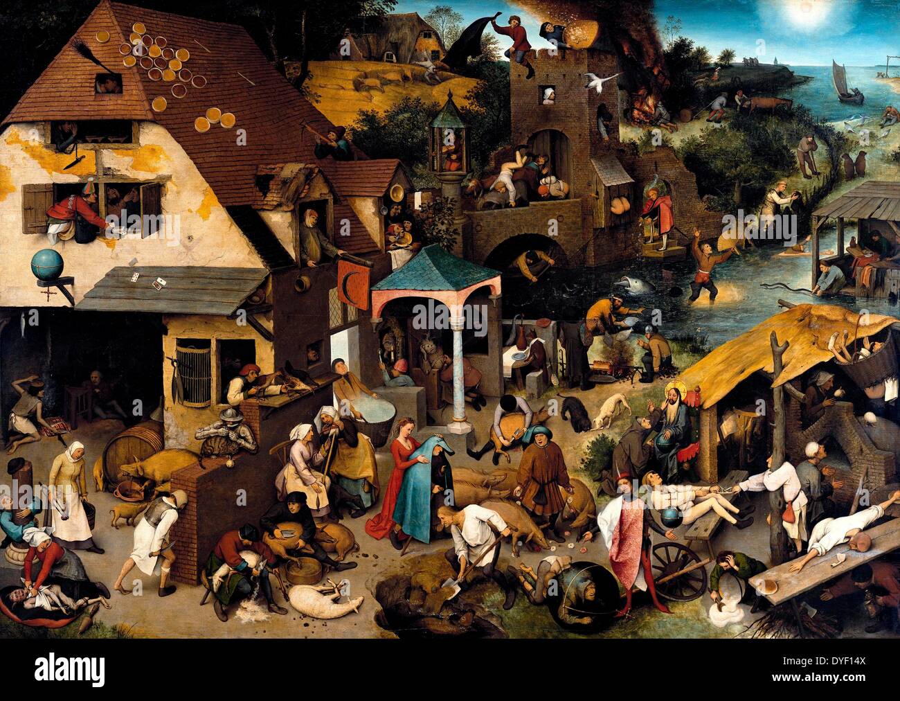 Niederländischen Sprichwörter ist ein Öl-auf-Eiche-Gemälde von Pieter Brueghel der Ältere, die ein Land mit wörtliche Wiedergaben von Niederländisch/Flämisch Sprüche des Tages ausgefüllt dargestellt. Von 1559. Stockfoto