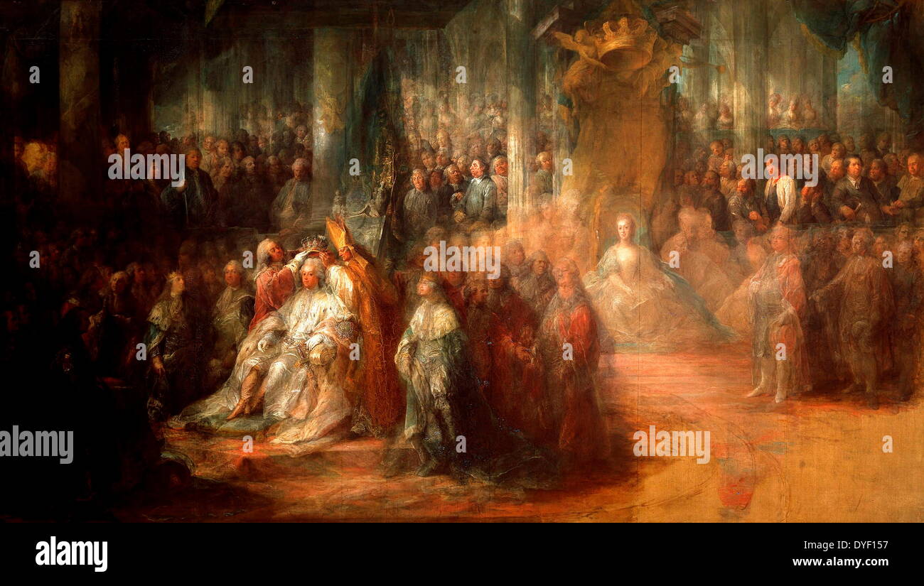 Die Krönung von Gustaf III von König Gustav III. von Schweden in Betrieb genommen. Von Carl Gustaf Pilo, ein schwedischer Künstler und Maler, der zwischen dem 5. März 1711 - 2. März 1793 lebte gemalt. Öl auf Leinwand. Stockfoto
