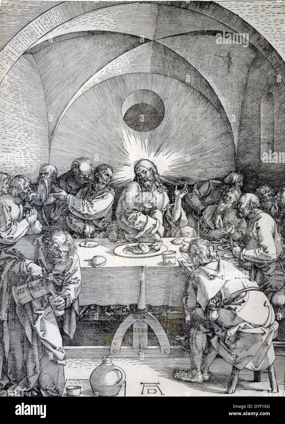 Die große Leidenschaft: das Letzte Abendmahl von Albrecht Dürer, 1471-1528, Künstler. Veröffentlicht: 1510. Jesus Christus mit den Aposteln zu Tisch sitzen. Stockfoto