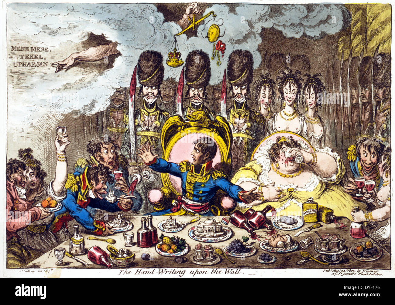 Die Handschrift auf der Mauer von James Gillray, 1756-1815, Künstler. Veröffentlicht 1803. Napoleon, Josephine, französische Soldaten und Frauen an fest mit Geschirr "Bank von England sitzt, ''St. James', 'Tower' und 'Roastbeef von Old England." Napoleon sieht mit Entsetzen, in der Hand des Herrn, der auf Wörter im Himmel: "ene, tekel upharsin." Stockfoto